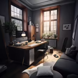 there is a table and couch in the room