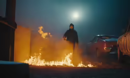 there is a man standing by the fire in the dark