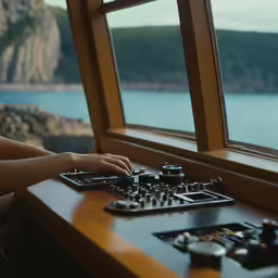 a woman working on audio equipment by the ocean