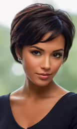 an attractive woman with short hair wearing a black shirt