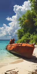 there is an old boat docked on the shore of the ocean