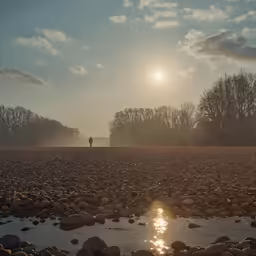 a man in the distance is walking across the grass with rocks