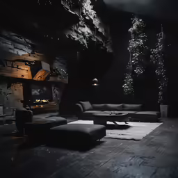 a black and white living room with a fire place