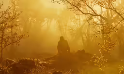 a lone man is standing in the middle of the forest