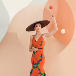 a woman in an orange and green dress and floppy hat stands with her arms raised