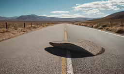 a lone rock laying in the middle of an empty road