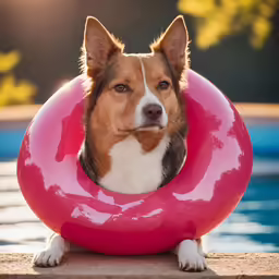 the dog with the float looks off into the distance
