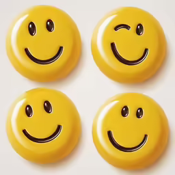 five smiles on yellow round buttons against a white background