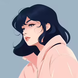 a drawing of a girl with black hair wearing a light pink jacket