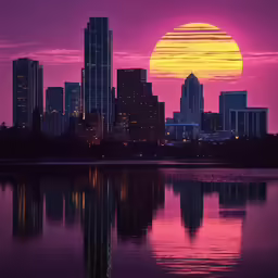 some buildings are in the background of a purple sunset