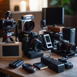 an assortment of cameras, remote controls and a tv on a table