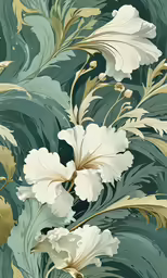 white flowers are on a green background with gold and white details