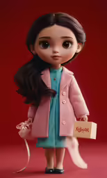a doll dressed in pink stands against a red background