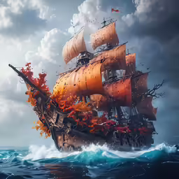 an old pirate ship with lots of orange fire