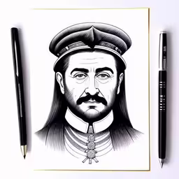 an illustration of che guk che guk is seen,a black and white drawing of a man with long hair,a drawing of dictator salam, in black and white,a drawing of king edward ii by john kersley,a drawing of an old man with long hair