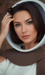 the woman is posing wearing the unusual hat