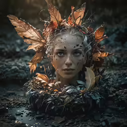 an artistic photograph with foliage around her head and a frilly on the leaves