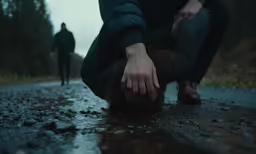 a couple of people standing on top of a road next to water