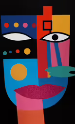 abstract painting of woman with face covered by circles and dots