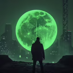 man looking at a giant moon while standing in the moonlight