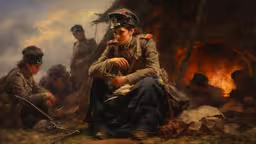 there is a woman that has guns sitting by a fire,painting of women in a fire place with one smoking