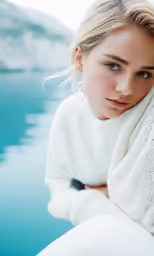 a girl with a white sweater looking at the camera