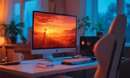 the computer desk has two computer monitors on it