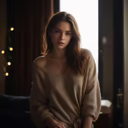 a woman wearing an off the shoulder sweater sitting down