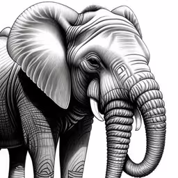 an elephant with tattoos is shown in the picture,an elephant with several different tattoos on its body,an elephant with tattoos on its head is drawn in graphite,an elephant with a large tusk with tusks on it