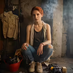 a young woman sitting on the floor, in a room with various items