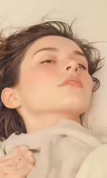 woman with brown hair laying down wearing a white shirt