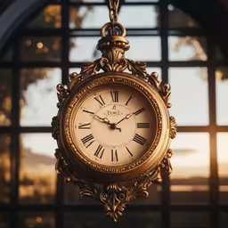 a clock hanging from a ceiling over looking outside