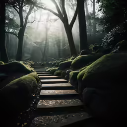a staircase leading up to the forest with moss growing on the ground