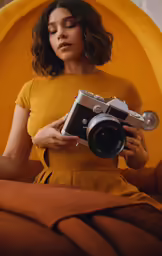 the woman is holding a camera while posing for the camera