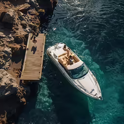 a small motorboat sailing along a rocky shore