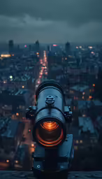a large telescope overlooking a big city in the middle of the day
