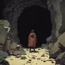there is a woman standing in the middle of a cave