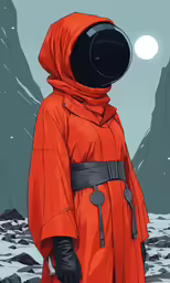 the man is wearing an orange jacket and black gloves