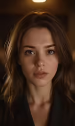 a close - up portrait of a woman with brown hair and eyes