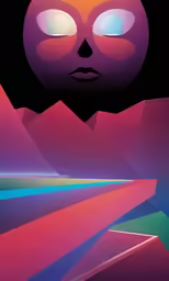 a very surrealistic abstract image with glowing eyes and a purple, orange and blue background