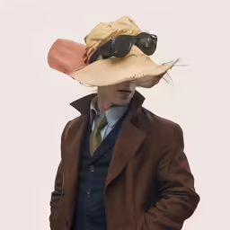 a man in suit and hat with large glasses on top of his head