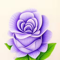 the picture shows a drawing of a rose,drawing a rose with colored pencils on white paper,an artisticly colored illustration of a large purple rose,a drawing of a purple flower with green leaves,an image of a purple rose with green leaves