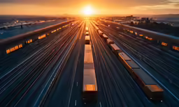 there is a train traveling down the tracks at sunset