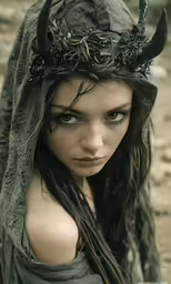 a woman with horned horns and eyes is wearing a costume
