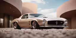 a classic car sits in front of a large building