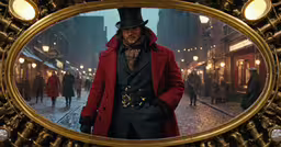 a man in red coat and hat standing on the street next to another man