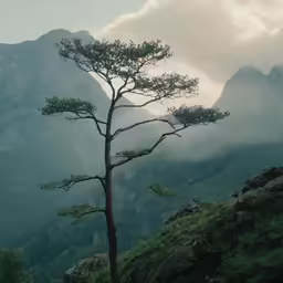 a lone tree is on the edge of a cliff