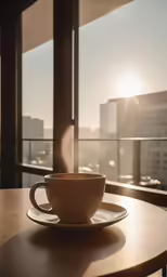 a coffee cup is placed on top of a table