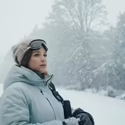 a woman is looking out the snowy windshield