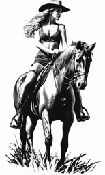 a girl wearing a cowboy hat rides a horse
